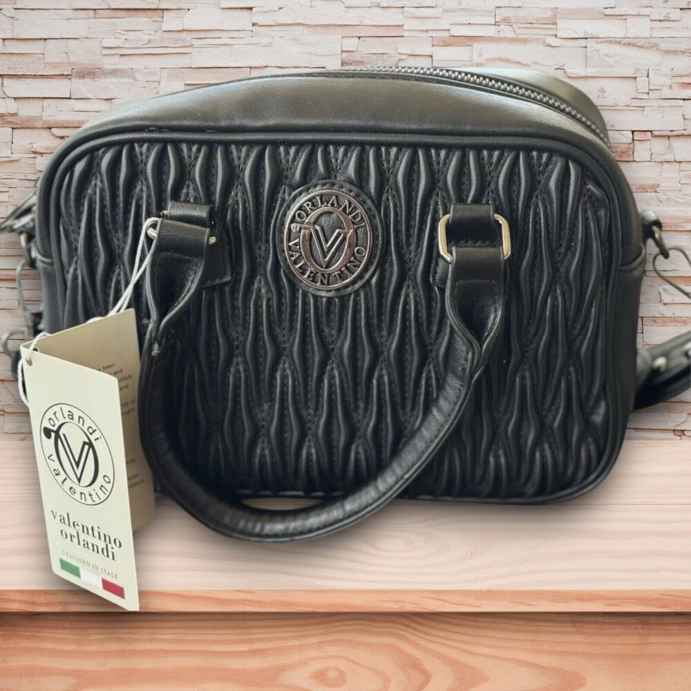 Valentino Orlandi V Logo NWT Crossbody Handbag Top Handle Black Italy Purse Bag